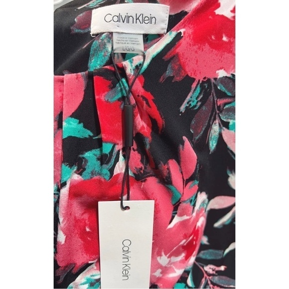 Calvin Klein Sz L Black Pink Floral Watercolor Slinky Pleated Blouse Top NWT NEW - Picture 7 of 7